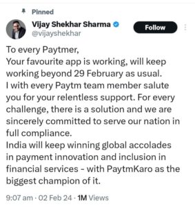 Is Paytm Payment Bank ? Paytm founder Post on X Handle